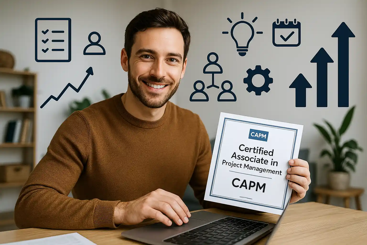 A smiling man sits at a desk with a laptop, holding a certificate that reads "Certified Associate in Project Management (CAPM)." Project management icons are illustrated in the background.