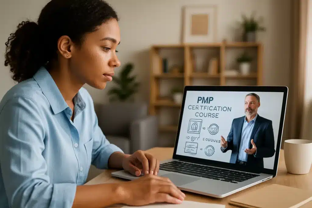 A woman sits at a desk using a laptop, watching an online video about a PMP certification course. The screen shows a man giving a presentation with course icons and text on a bright background.