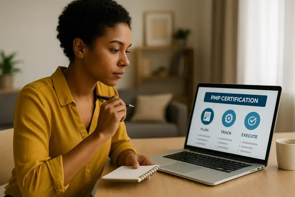 A woman in a yellow shirt sits at a desk, holding a notepad and pen, looking at her laptop screen displaying the best PMP certification program with steps: Plan, Track, Execute.