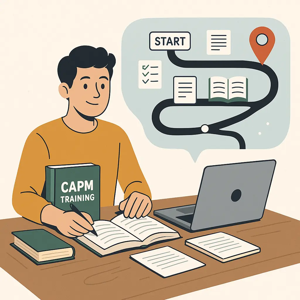 A person sits at a desk with a CAPM training book, open notebooks, and a laptop. A roadmap with a start point and destination is shown in a thought bubble, suggesting planning or studying for certification.