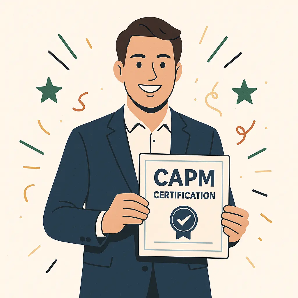 Illustration of a smiling man in a suit holding a certificate that reads "CAPM CERTIFICATION" with a checkmark and ribbon. Confetti and stars decorate the background, suggesting celebration.