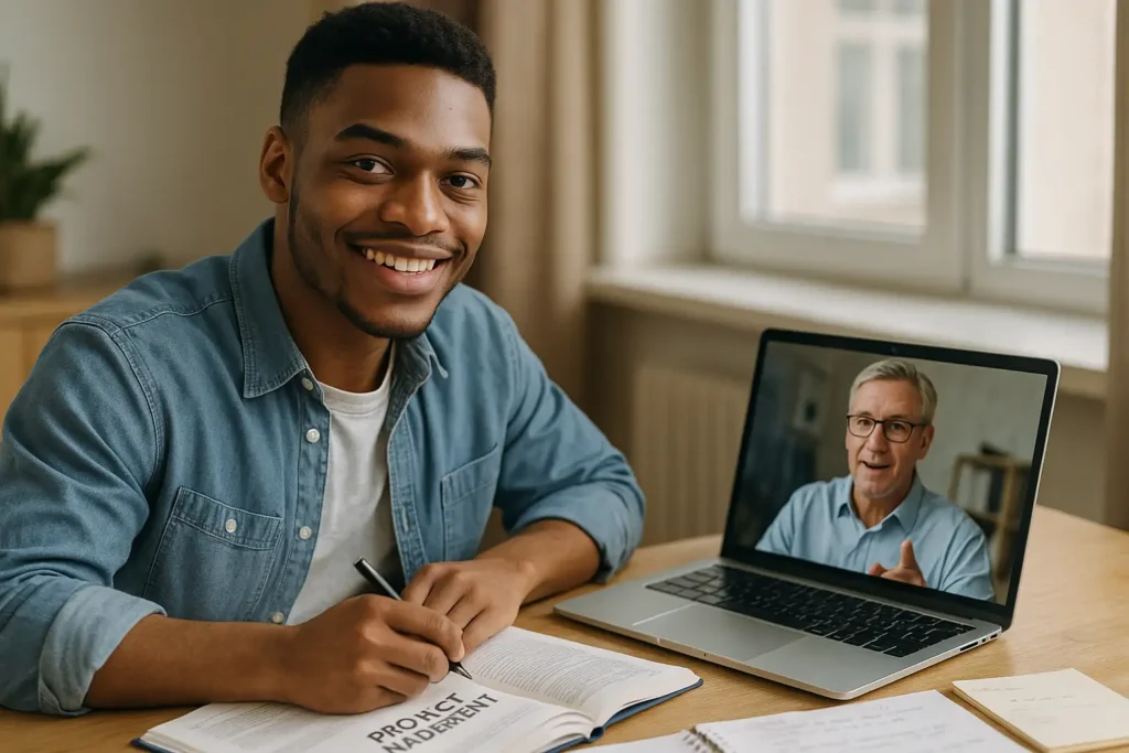 A young man smiling while taking notes during an online meeting with an older man on his laptop screen. They are seated at a desk with books, papers, and a pen.