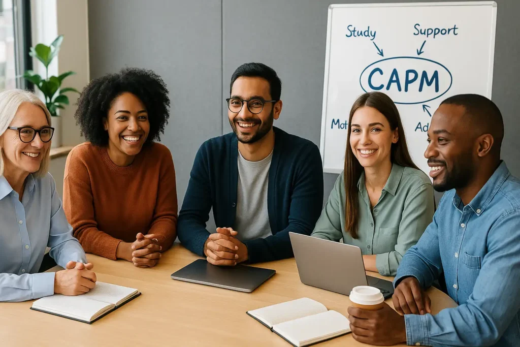 Five smiling people sit at a meeting table with laptops and notebooks. Behind them is a whiteboard with "CAPM" in the center and words like Study, Support, and Achieve connected by arrows.
