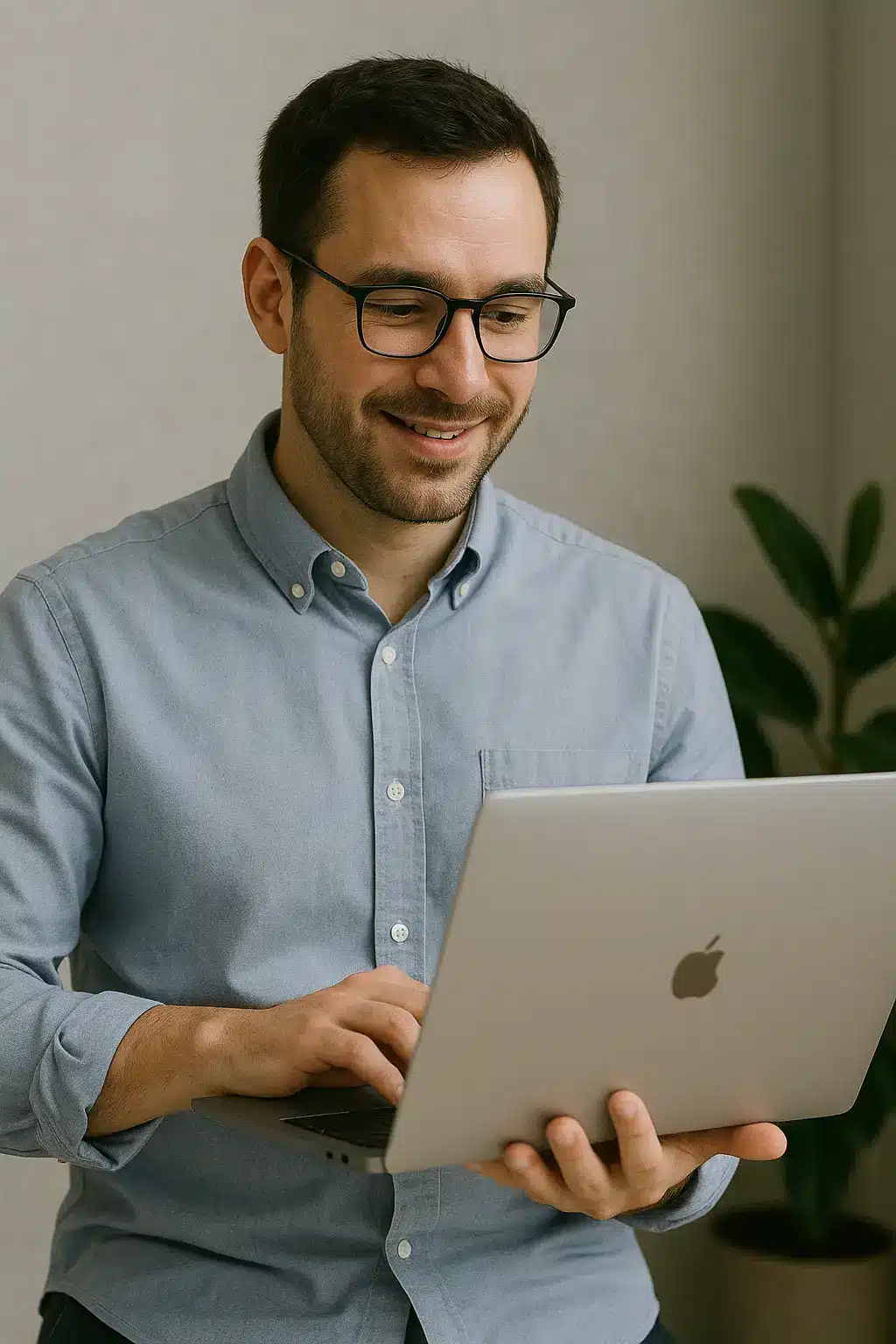 A man wearing glasses and a light blue button-up shirt is smiling while using a silver MacBook laptop. He is standing indoors with a plant in the background.
