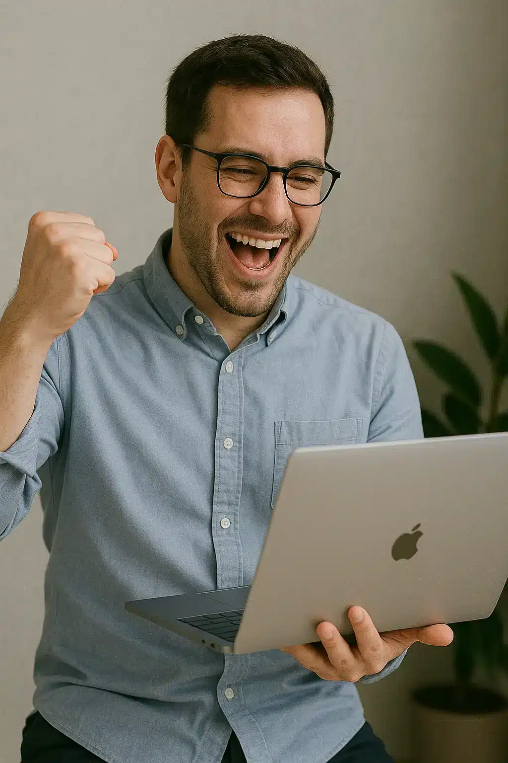 A man wearing glasses and a blue shirt smiles excitedly and raises his fist in celebration while looking at a laptop.