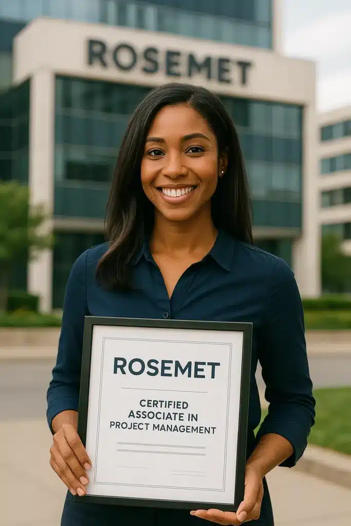 A woman smiles while holding a framed certificate that reads “Rosemet Certified Associate in Project Management,” standing outside a building with a Rosemet sign.