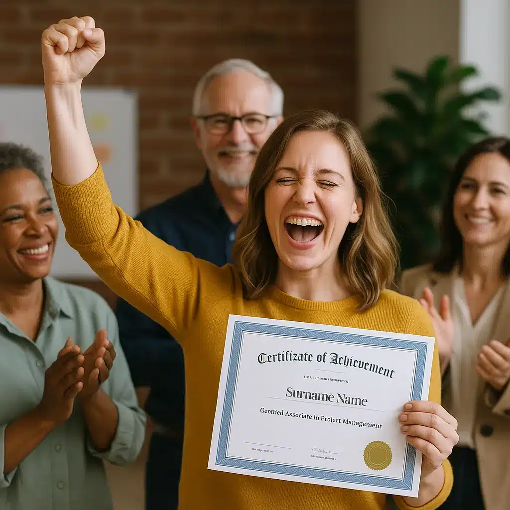 A joyful woman holds up a Certificate of Achievement with her fist raised in celebration, while three people stand behind her clapping and smiling in support.