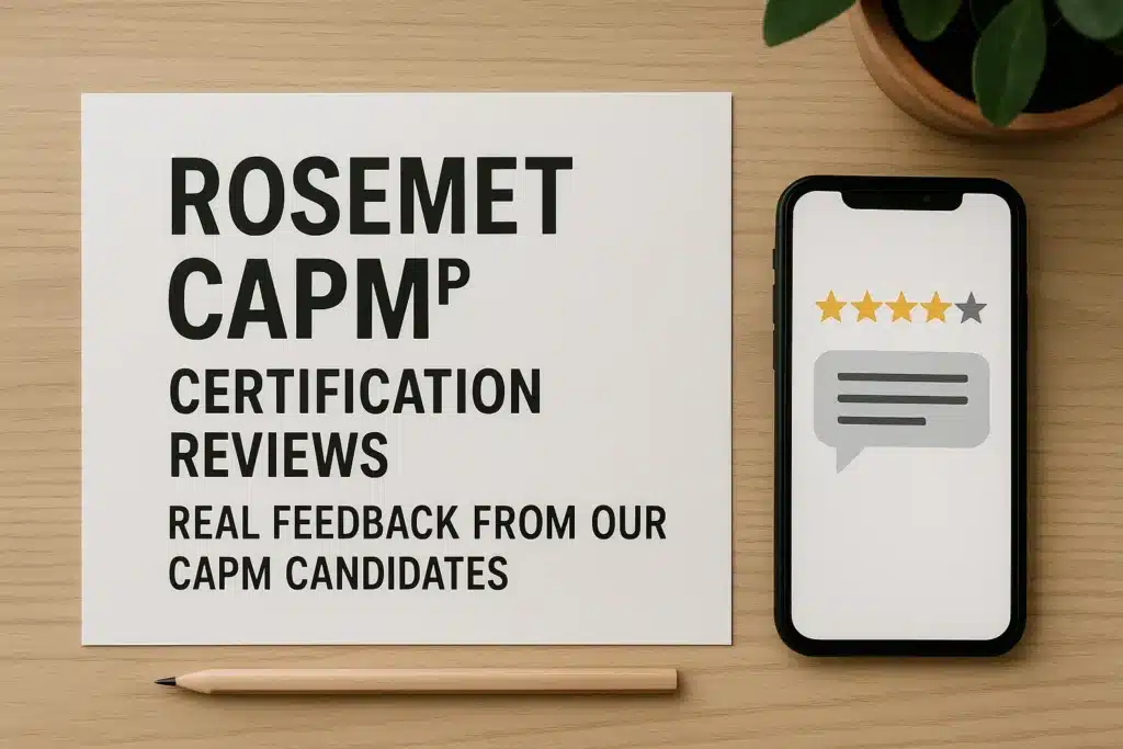 A paper with the text “Rosemet CAPM Certification Reviews: Real feedback from our CAPM candidates” lies on a desk beside a pencil, a plant, and a smartphone displaying a 4-star rating with a chat icon.