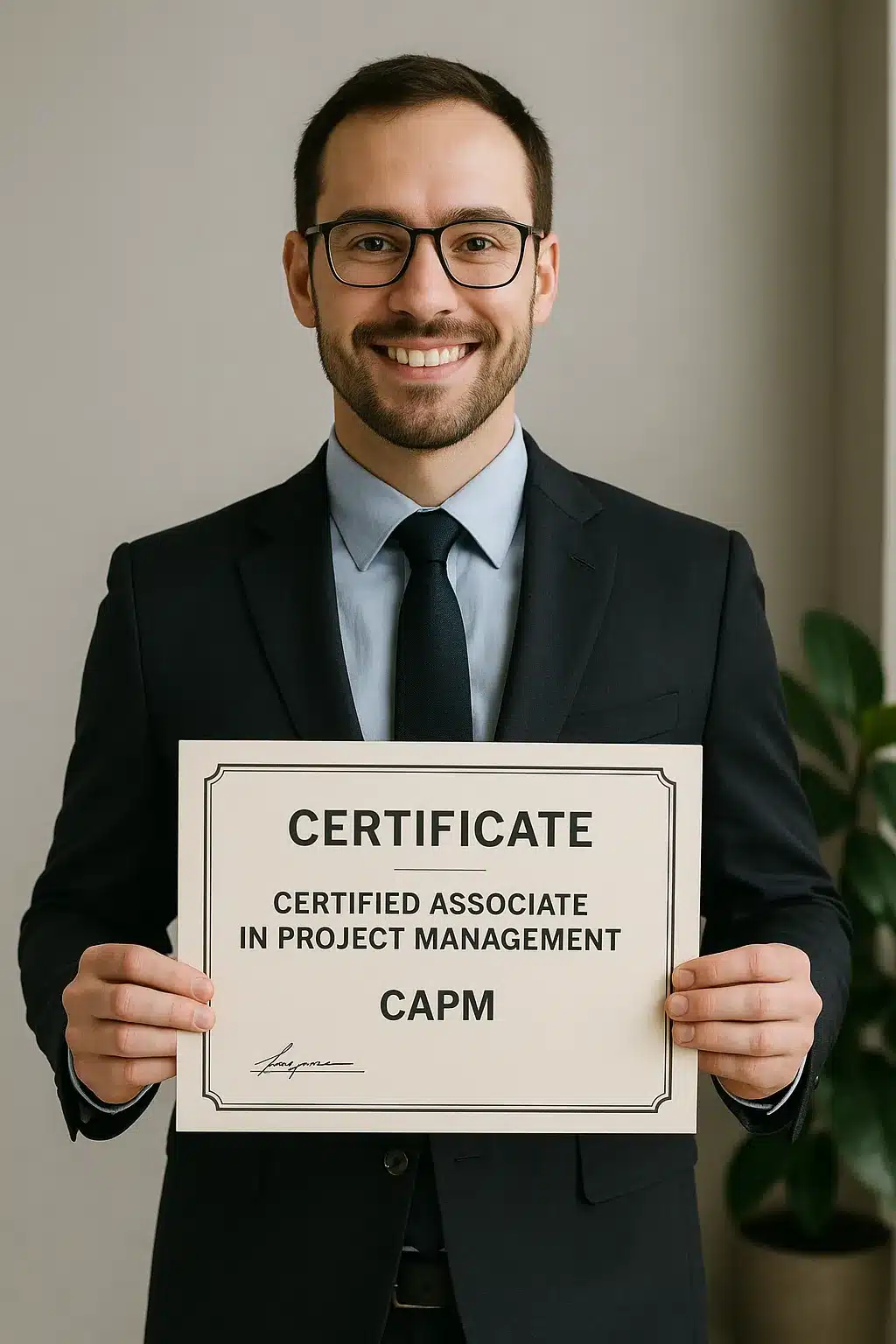 A smiling man in a suit and tie holds a certificate that reads “Certified Associate in Project Management, CAPM.” A green plant is visible in the background.