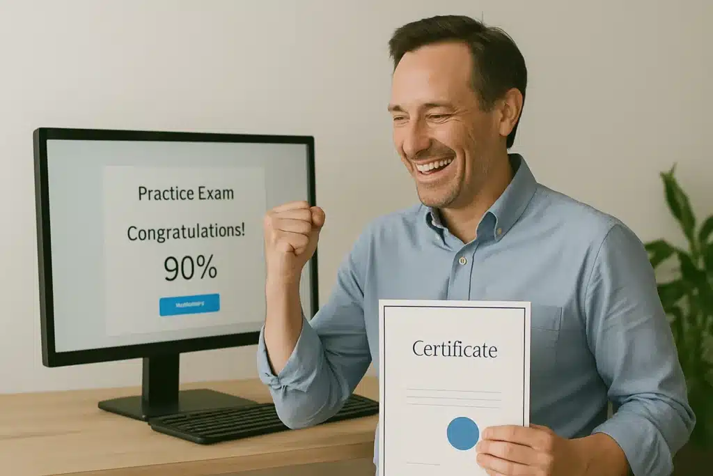 A smiling man holds a certificate and pumps his fist in celebration. Behind him, a computer screen displays “Practice Exam Congratulations! 90%.”.