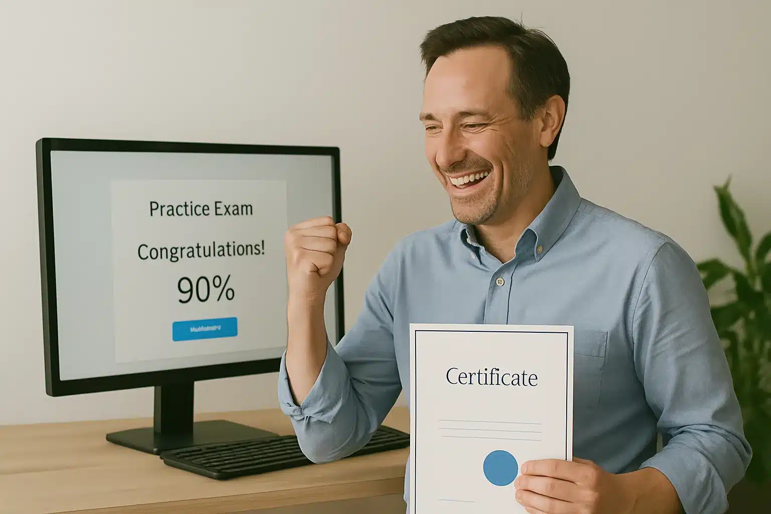 A smiling man holds a certificate and pumps his fist in celebration. Behind him, a computer screen displays “Practice Exam Congratulations! 90%.”.