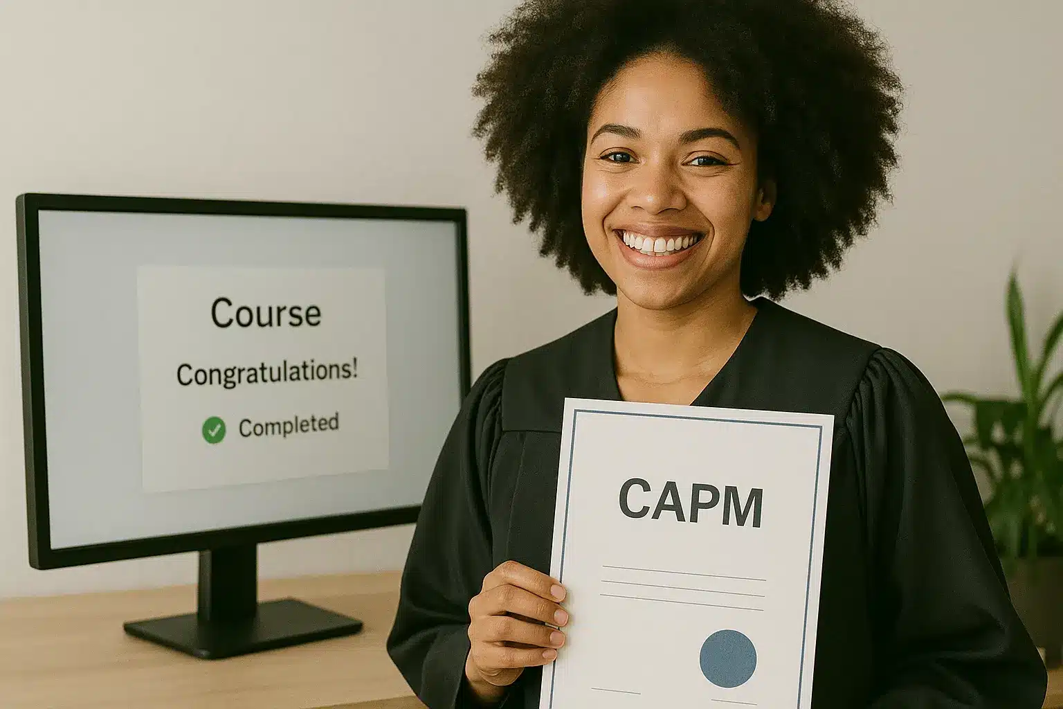 A smiling woman in a graduation gown holds a certificate labeled "CAPM." Behind her, a computer screen displays a message saying "Course Congratulations! Completed" with a green check mark.