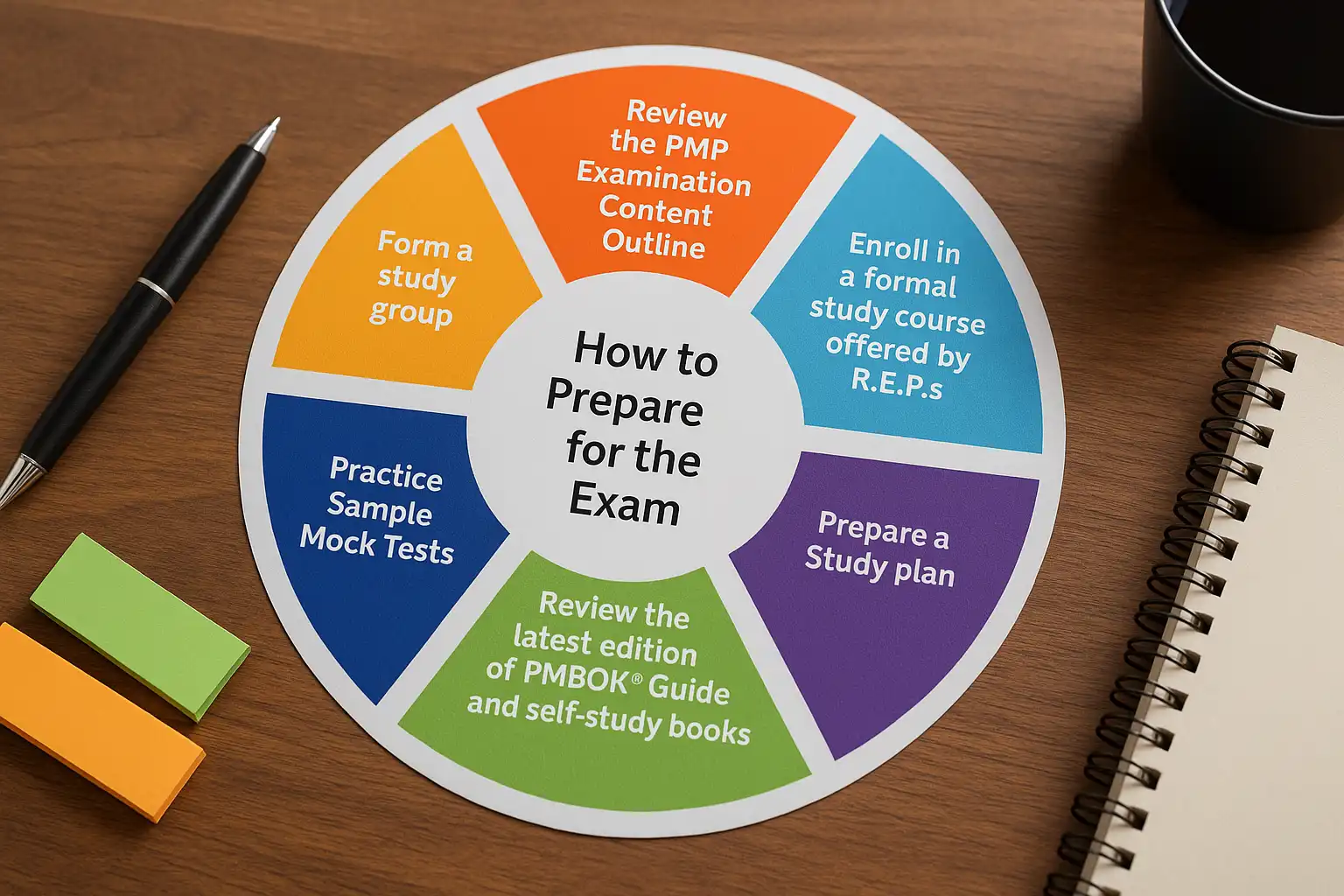 A colorful circular chart on a wooden desk lists six steps for exam preparation, including reviewing guides, enrolling in courses, preparing a study plan, forming study groups, and practicing mock tests. Sticky notes and a notebook are nearby.