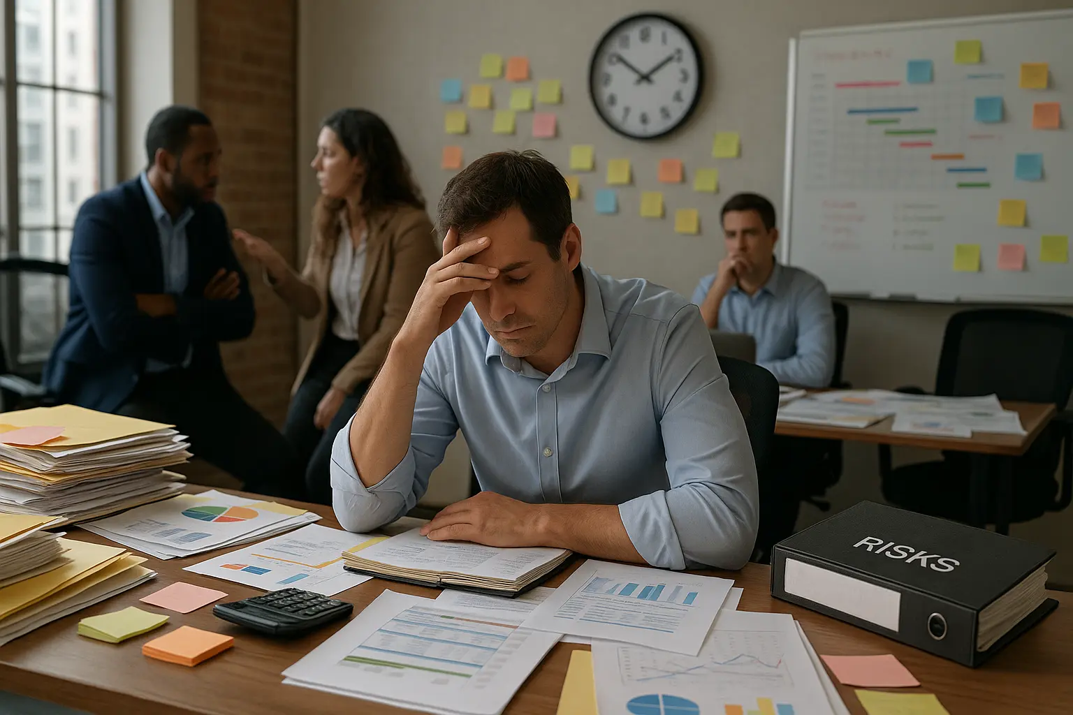 A stressed man sits at a cluttered desk with graphs and papers, holding his head in one hand. Three coworkers discuss in the background. A clock, charts, and sticky notes cover the office walls. A binder labeled "RISKS" is nearby.