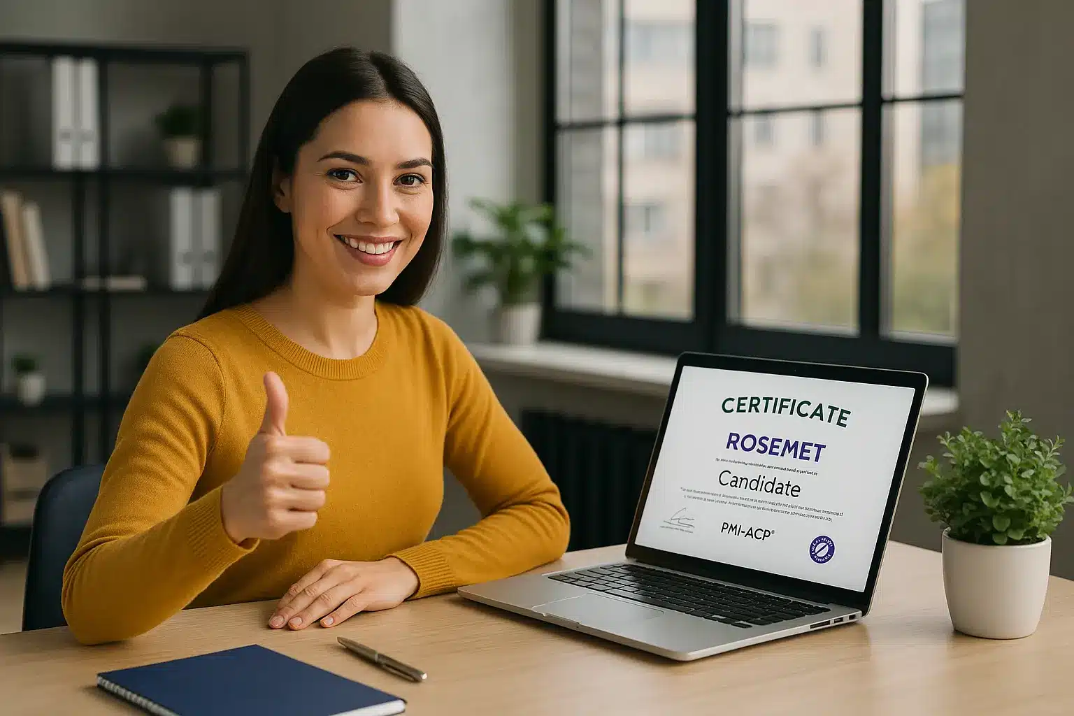 A woman in a yellow sweater sits at a desk, smiling and giving a thumbs up. A laptop in front of her displays a certificate with the name "Rosemet." A notebook and a plant are also on the desk.