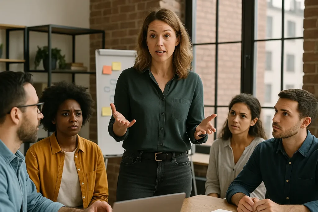 A woman stands speaking to four colleagues seated around a table in a modern office, with a whiteboard and large windows in the background. The group looks engaged and attentive.