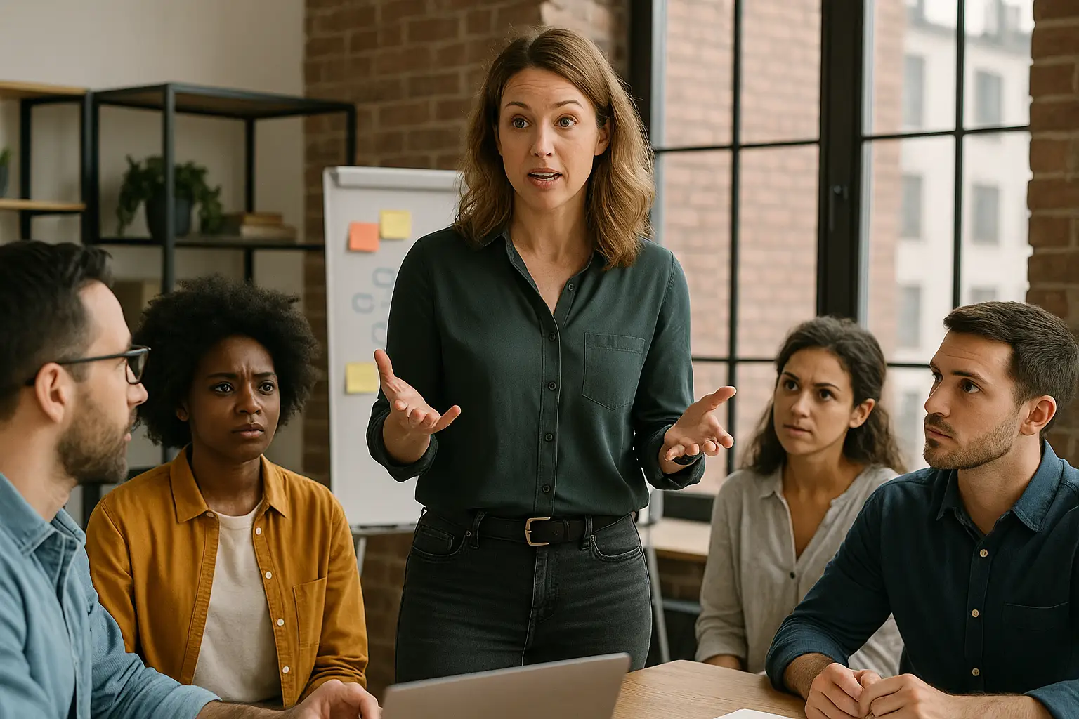A woman stands speaking to four colleagues seated around a table in a modern office, with a whiteboard and large windows in the background. The group looks engaged and attentive.