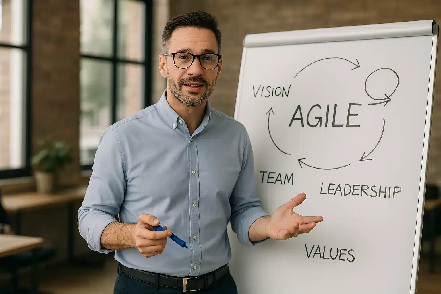 A man in glasses stands by a flip chart labeled "AGILE" with circles and arrows connecting the words "VISION," "TEAM," "LEADERSHIP," and "VALUES." He holds a blue marker and gestures as if explaining.