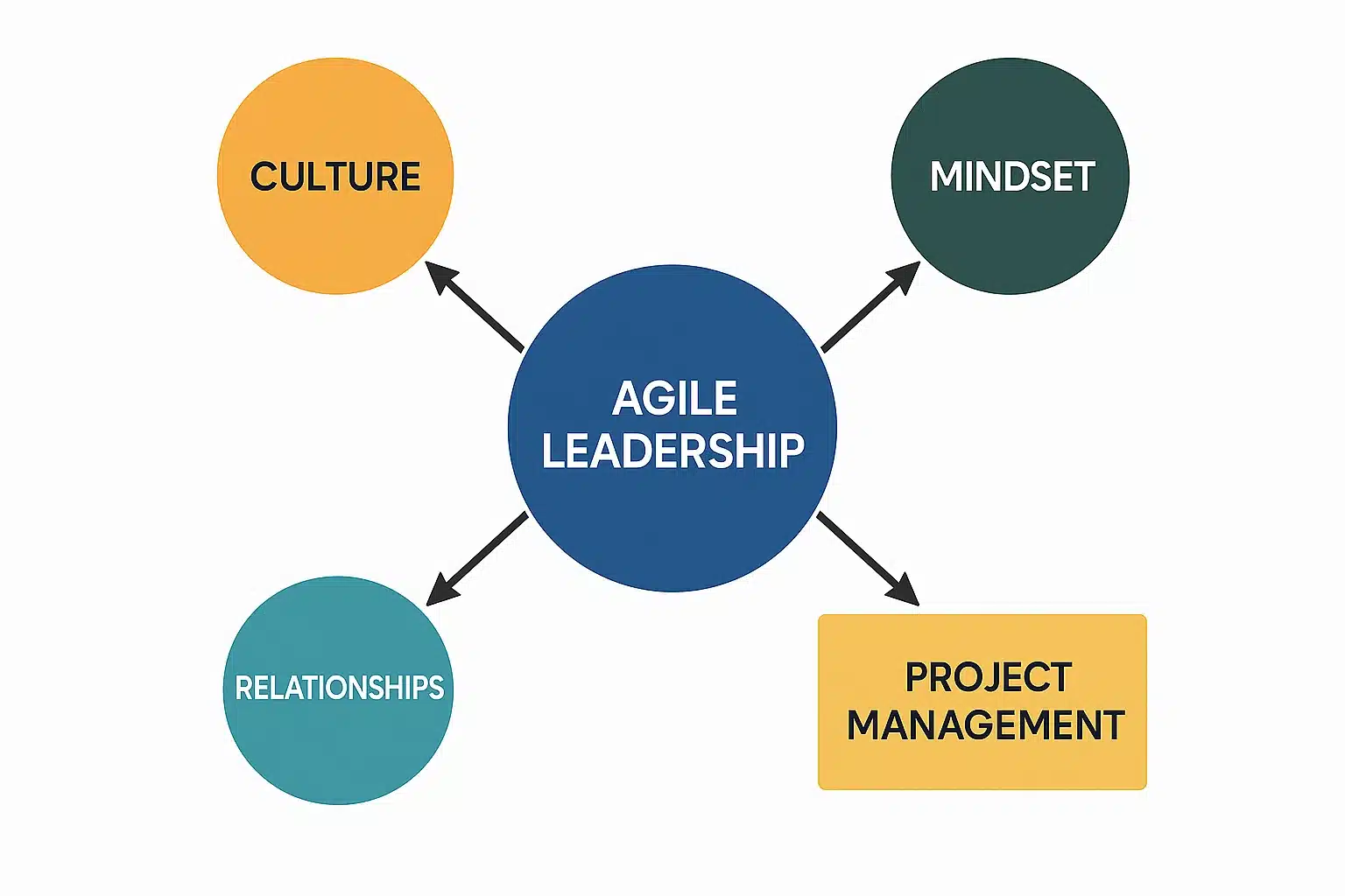 Diagram with "Agile Leadership" in a central blue circle, connected by arrows to four surrounding circles labeled "Culture," "Mindset," "Project Management," and "Relationships," illustrating key aspects of modern leadership.