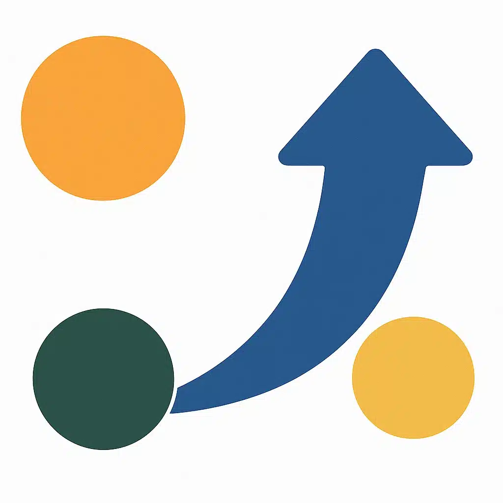 A large blue arrow curves upward between three circles—two orange and one dark green—against a white background, symbolizing leadership and forward movement.