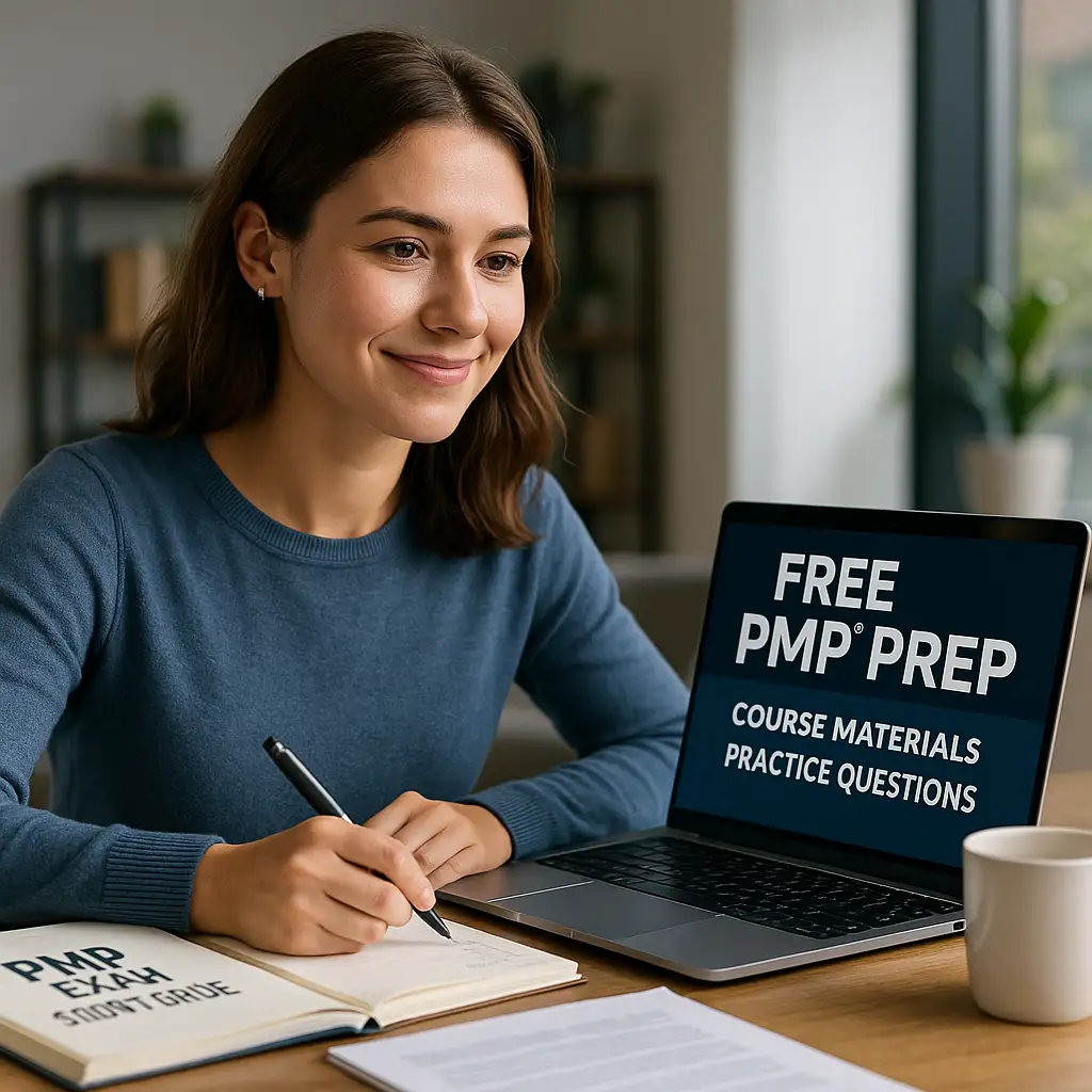 A woman sits at a desk smiling, taking notes in a notebook labeled “PMP Exam Study Guide.” Her open laptop displays the text “FREE PMP® PREP Course Materials Practice Questions.”.