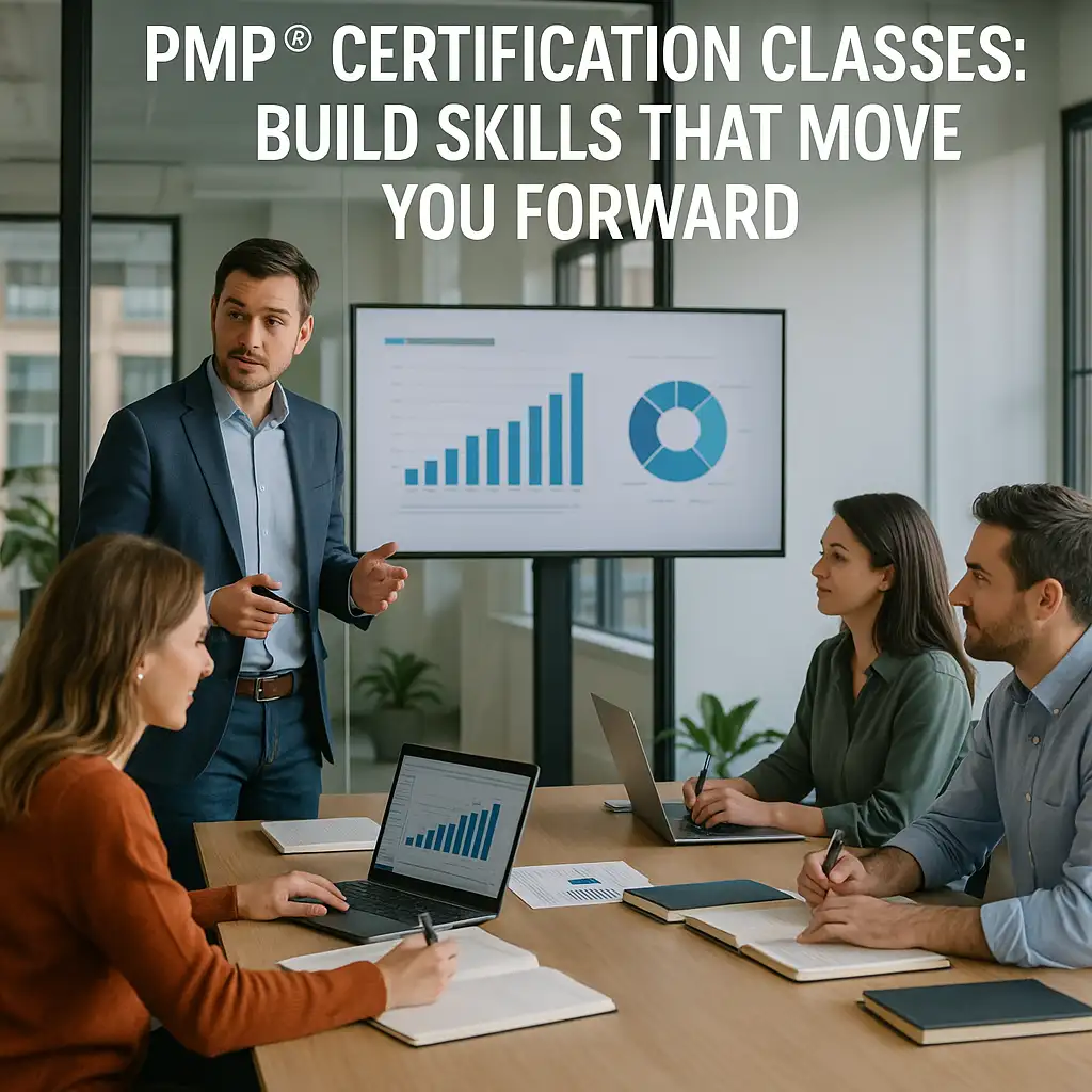 A man presents charts on a screen to three colleagues seated at a conference table with laptops. Text above reads: "PMP® Certification Classes: Build Skills That Move You Forward.