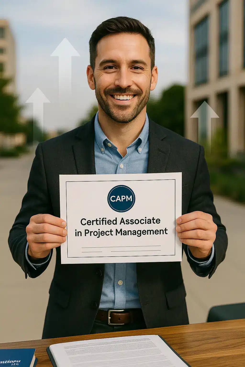 A smiling man in a suit holds a certificate that reads "Certified Associate in Project Management (CAPM)" after completing the Best CAPM Certification Training, standing outdoors at a table with documents.