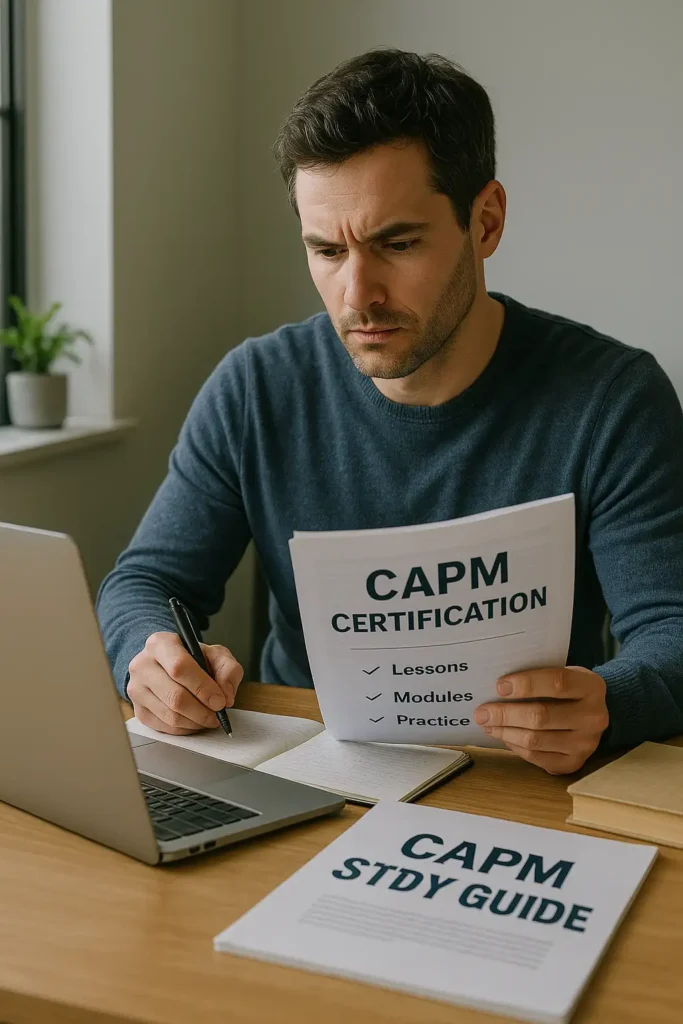A man sits at a desk, looking at a CAPM Certification booklet while taking notes with a pen. An open laptop and a CAPM Study Guide are also on the desk. He appears focused and serious.