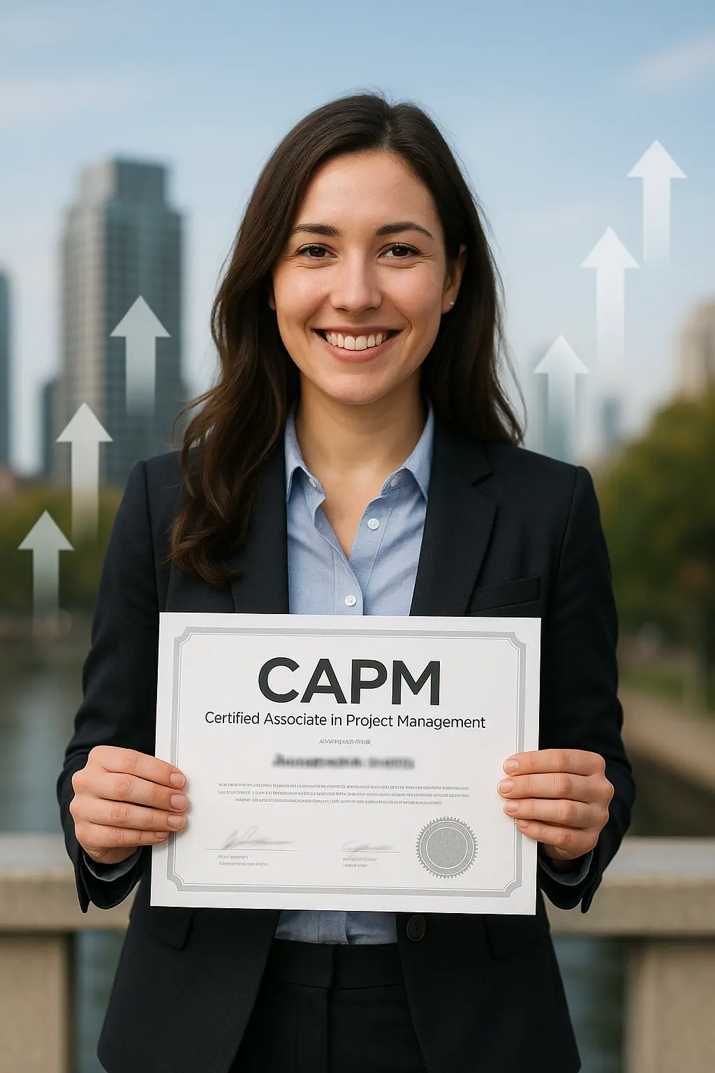 A smiling woman in business attire stands outdoors, proudly holding a CAPM certificate, showcasing CAPM value. City buildings and upward-pointing arrows appear in the blurred background.