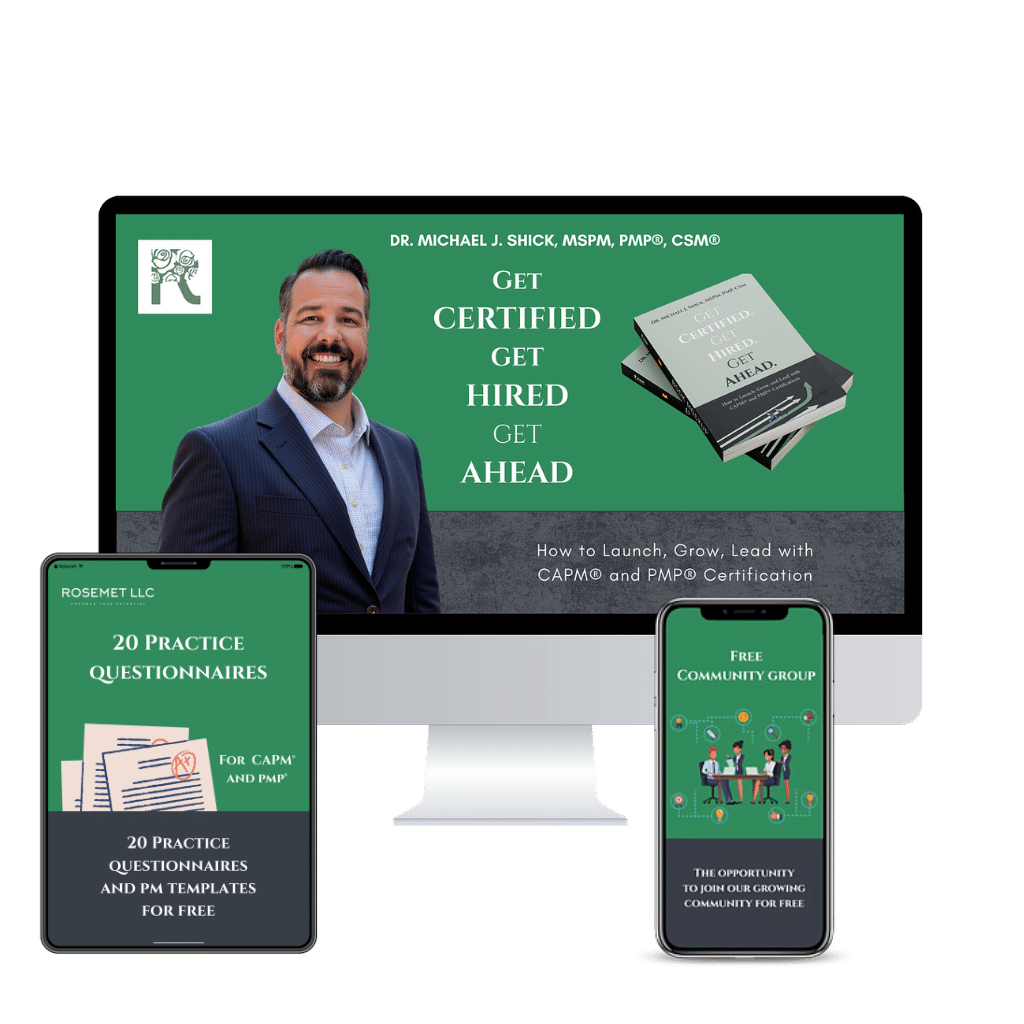 A computer monitor displays a man in a suit with text promoting CAPM and PMP certification. Two mobile screens show "20 Practice Questionnaires" and "Free Community Group" resources for exam preparation.