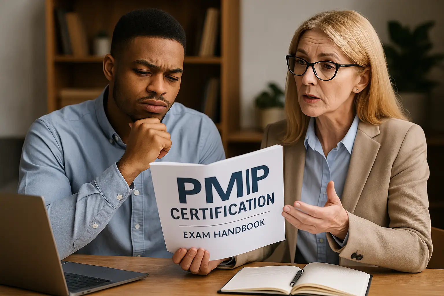 Two people sit at a desk, looking at a “PMIP Certification Exam Handbook.” The woman explains something about project management professional (PMP) certification while the man listens thoughtfully, laptop and notebook on the table.