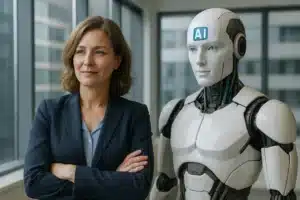 A woman in business attire stands confidently with arms crossed next to a humanoid robot labeled "AI" on its forehead, both embodying the synergy of Project Management and AI in a modern office with large windows.