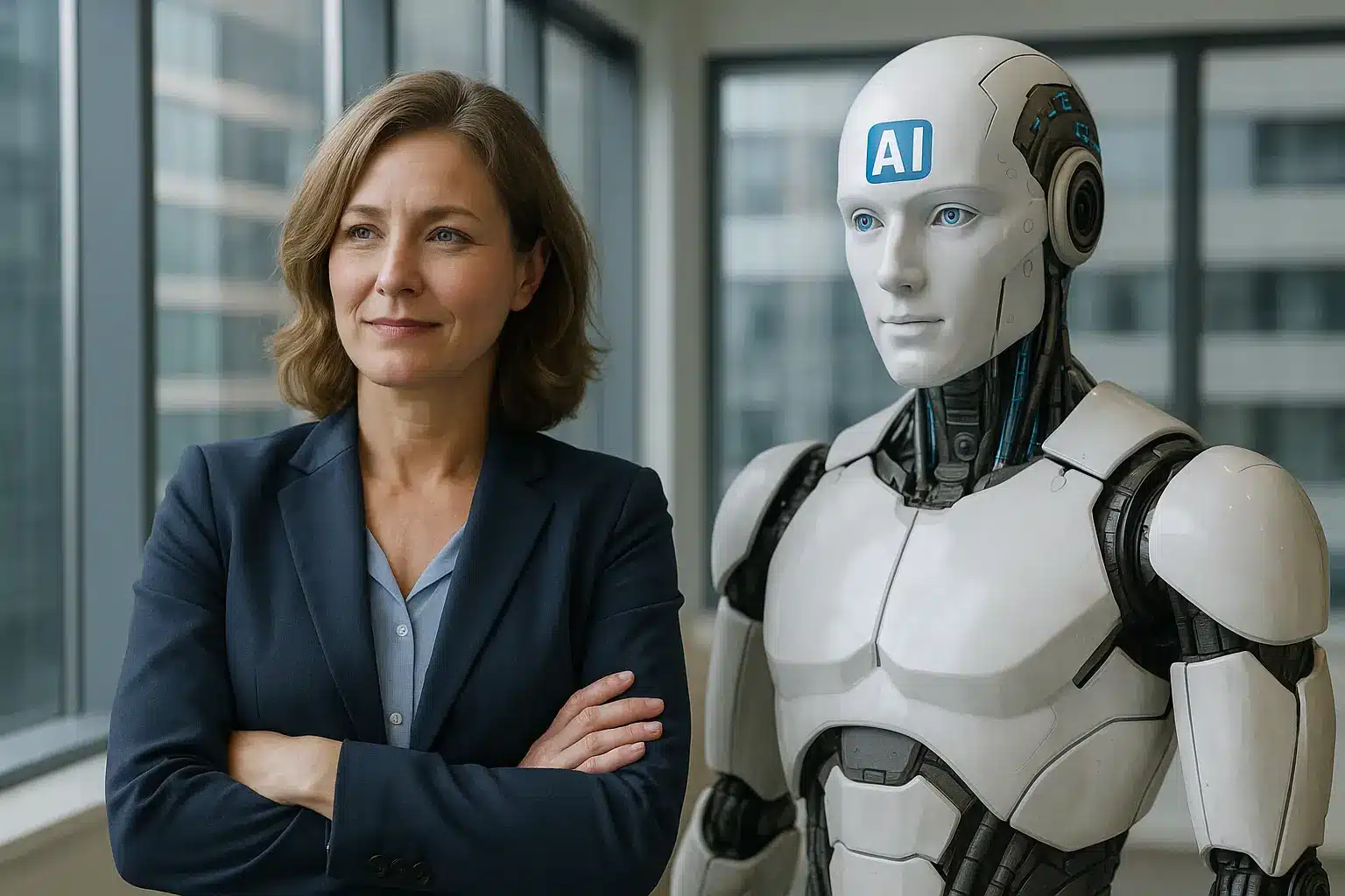 A woman in business attire stands confidently with arms crossed next to a humanoid robot labeled "AI" on its forehead, both embodying the synergy of Project Management and AI in a modern office with large windows.