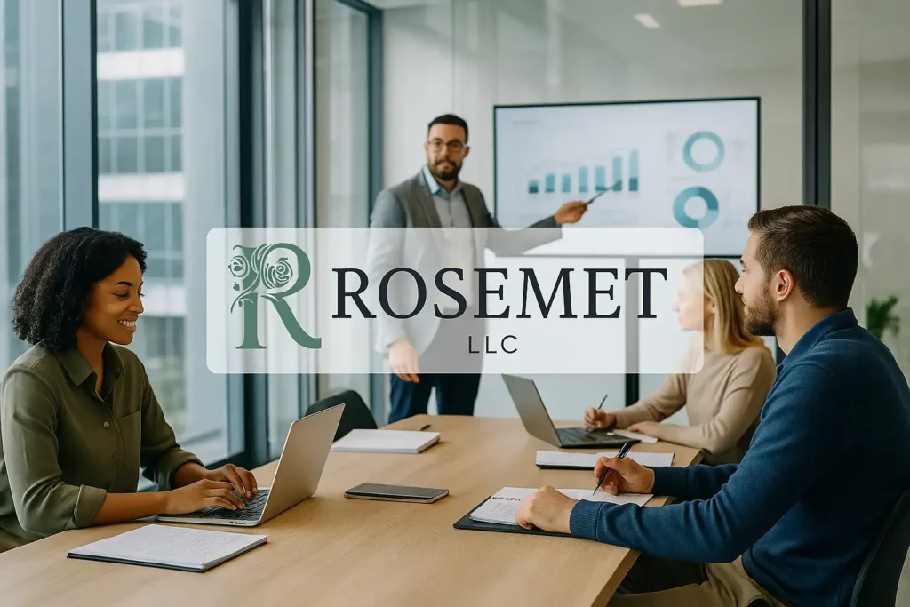 Four professionals sit around a conference table with laptops and notebooks, while a man stands and presents data on a screen. The words “ROSEMET LLC” are overlaid on the image.