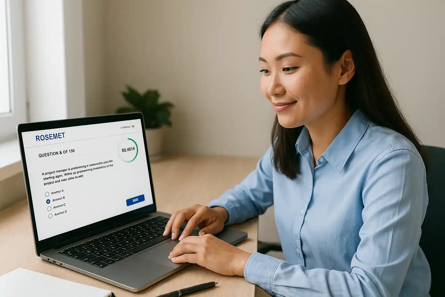 A woman in a blue shirt sits at a desk, smiling while taking the ROSEMET Free CAPM test simulator on her laptop. The screen displays multiple-choice questions, and a notebook and pen rest nearby.