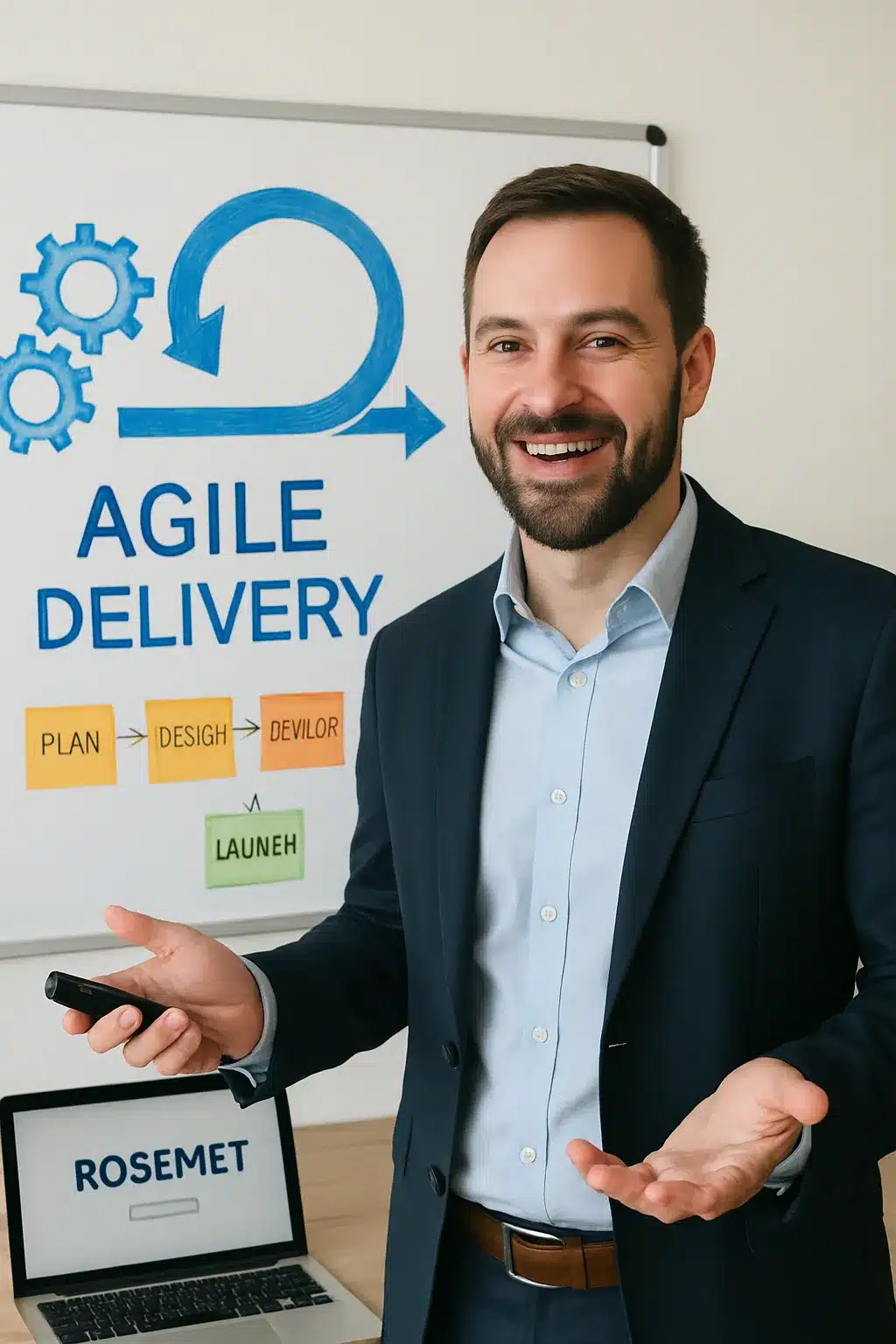 A man in a suit stands smiling in front of a whiteboard with “Agile Delivery” and a diagram. He gestures with one hand and holds a marker in the other. A laptop with “Rosemet” on the screen is on the desk nearby.