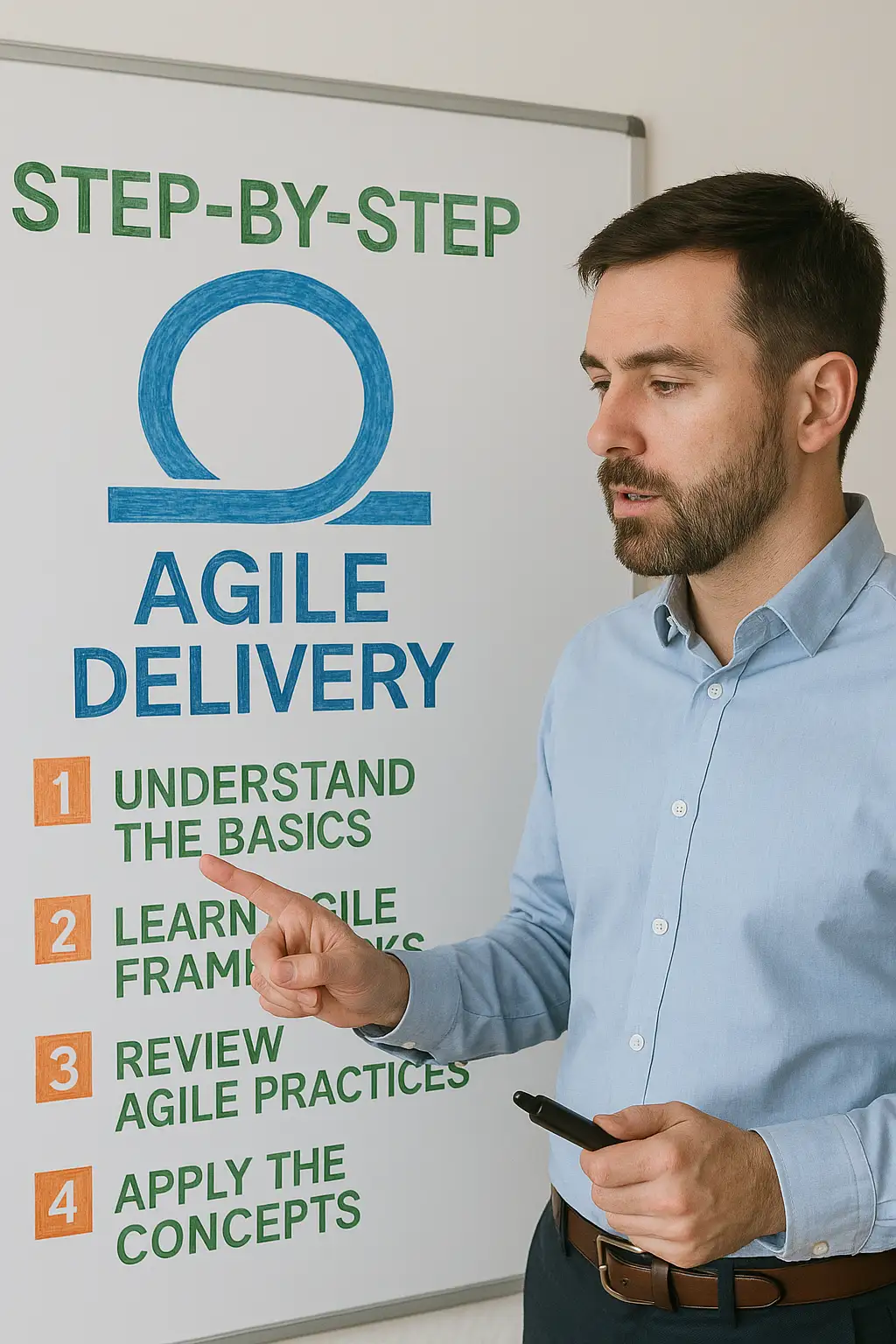 A man in a blue shirt stands next to a whiteboard titled "Step-by-step Agile Delivery," pointing at a list of four delivery steps: understand the basics, learn agile frameworks, review agile practices, and apply the concepts.