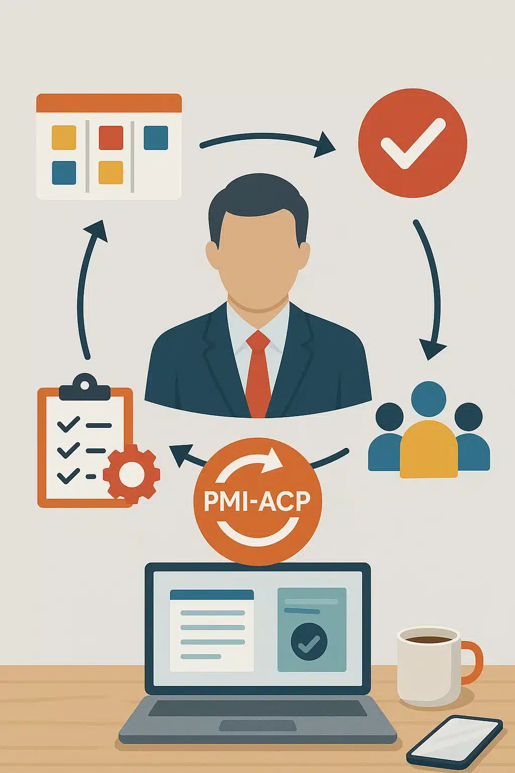 Illustration of a businessperson surrounded by icons: workflow board, checklist, team, delivery checkmark, PMI-ACP certification, and a laptop and coffee cup—symbolizing project management excellence and certification.