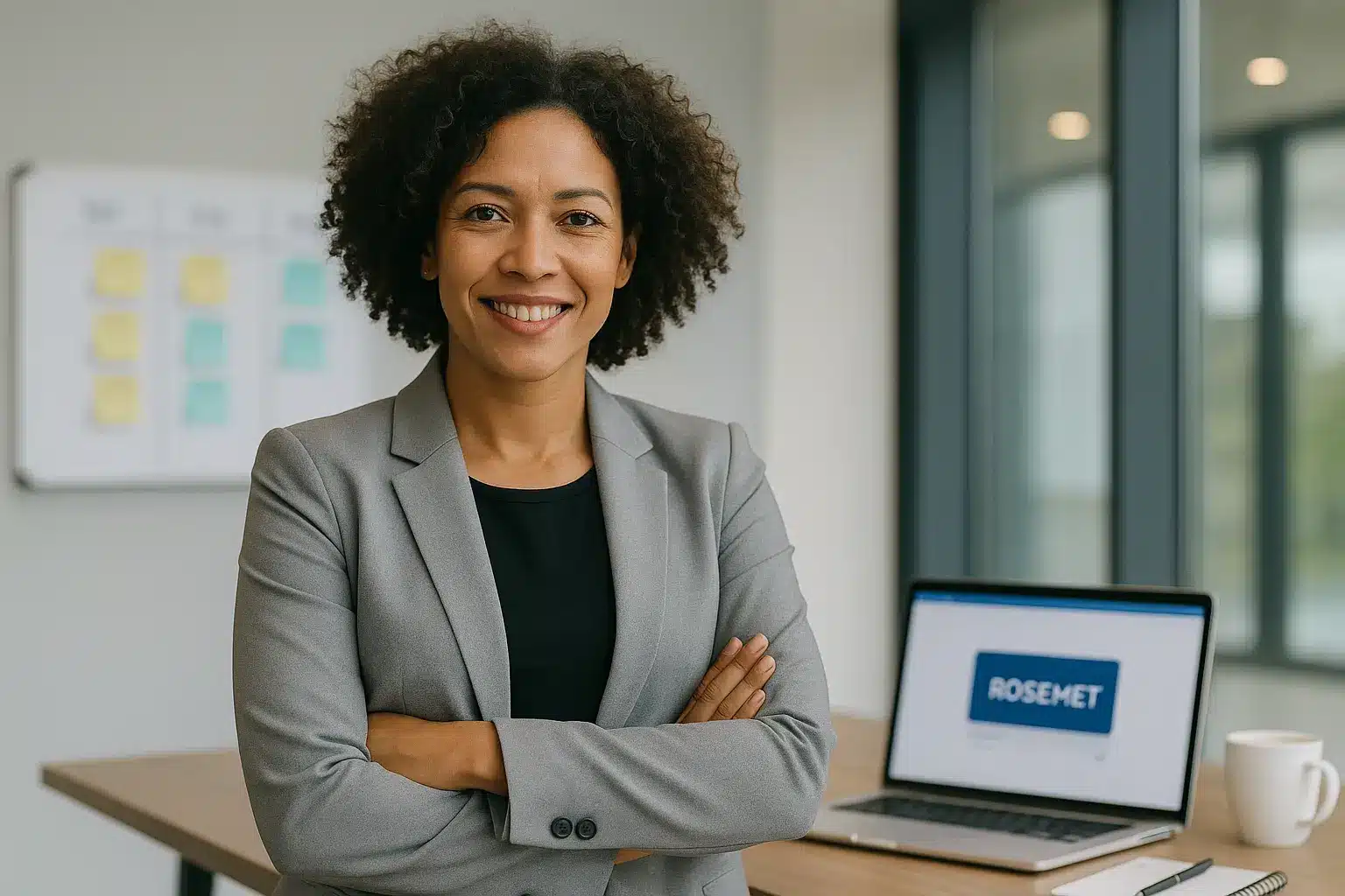 A woman in a gray blazer stands smiling with arms crossed in an office. Behind her, a laptop displays the word "ROSEMET Scrum Master Training" and a whiteboard with sticky notes is visible.