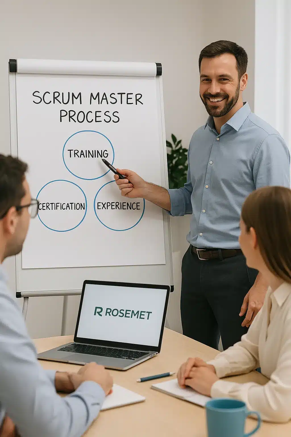A man stands by a flip chart labeled "Scrum Master Process," pointing to a diagram with "ROSEMET Scrum Master Training," "Certification," and "Experience" circles, presenting to two seated colleagues in an office setting.