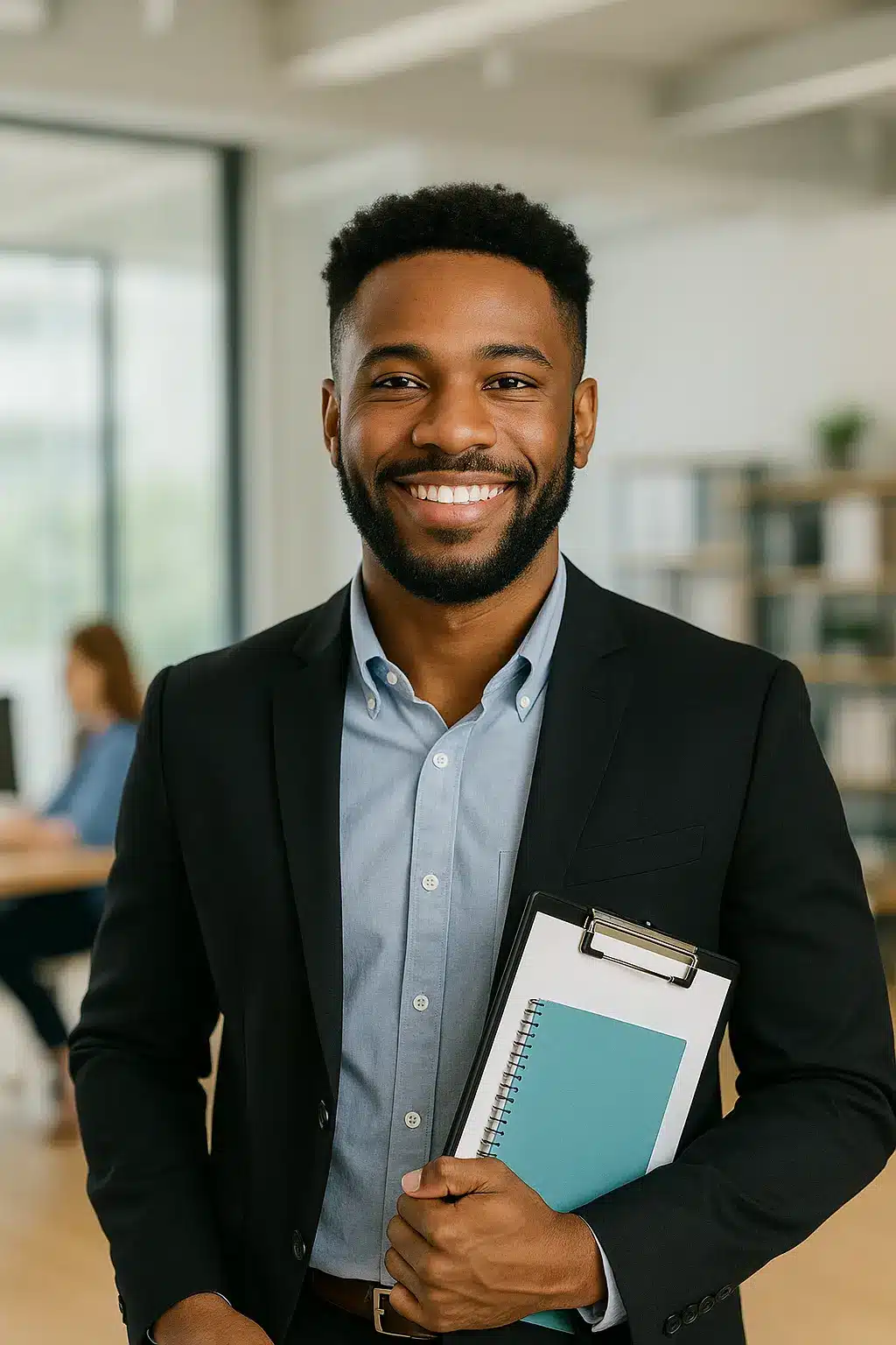 A smiling man in a dark suit holds a clipboard and notebook, standing in a bright modern office—perhaps preparing for ROSEMET Scrum Master Training—with shelves and a person working at a desk in the background.