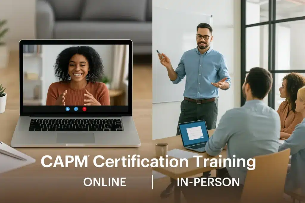 A split image shows a woman on a video call for an online CAPM Certification Training Course on the left, and a man teaching three people in-person on the right, with text: "CAPM Certification Training.