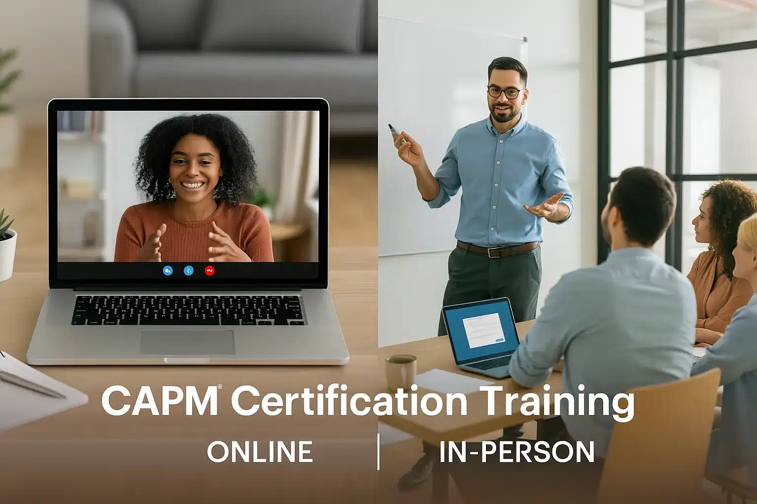 A split image shows a woman on a video call for an online CAPM Certification Training Course on the left, and a man teaching three people in-person on the right, with text: "CAPM Certification Training.