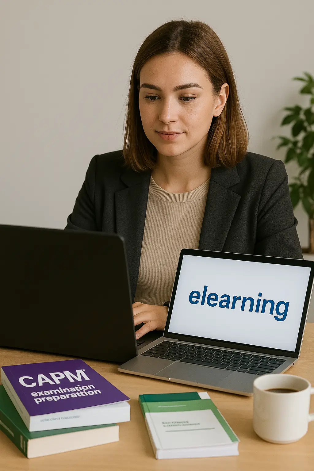 A woman in business attire sits at a desk with a laptop displaying "elearning." Nearby are a notebook, coffee, and books, including one titled "CAPM Certification Training Course: Examination Preparation.