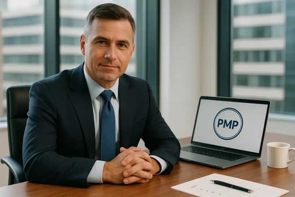 A man in a suit sits at an office desk with a laptop displaying "PMP," papers, and a cup of coffee, with large windows and buildings in the background.