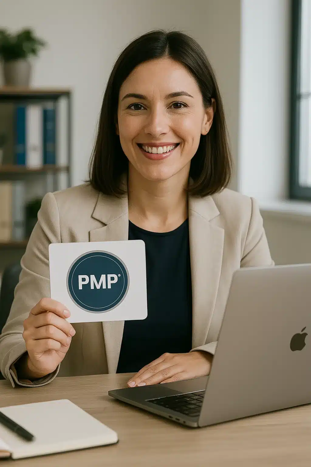 A smiling woman in a beige blazer sits at a desk with a laptop and holds up a sign that says "PMP" in bold letters.