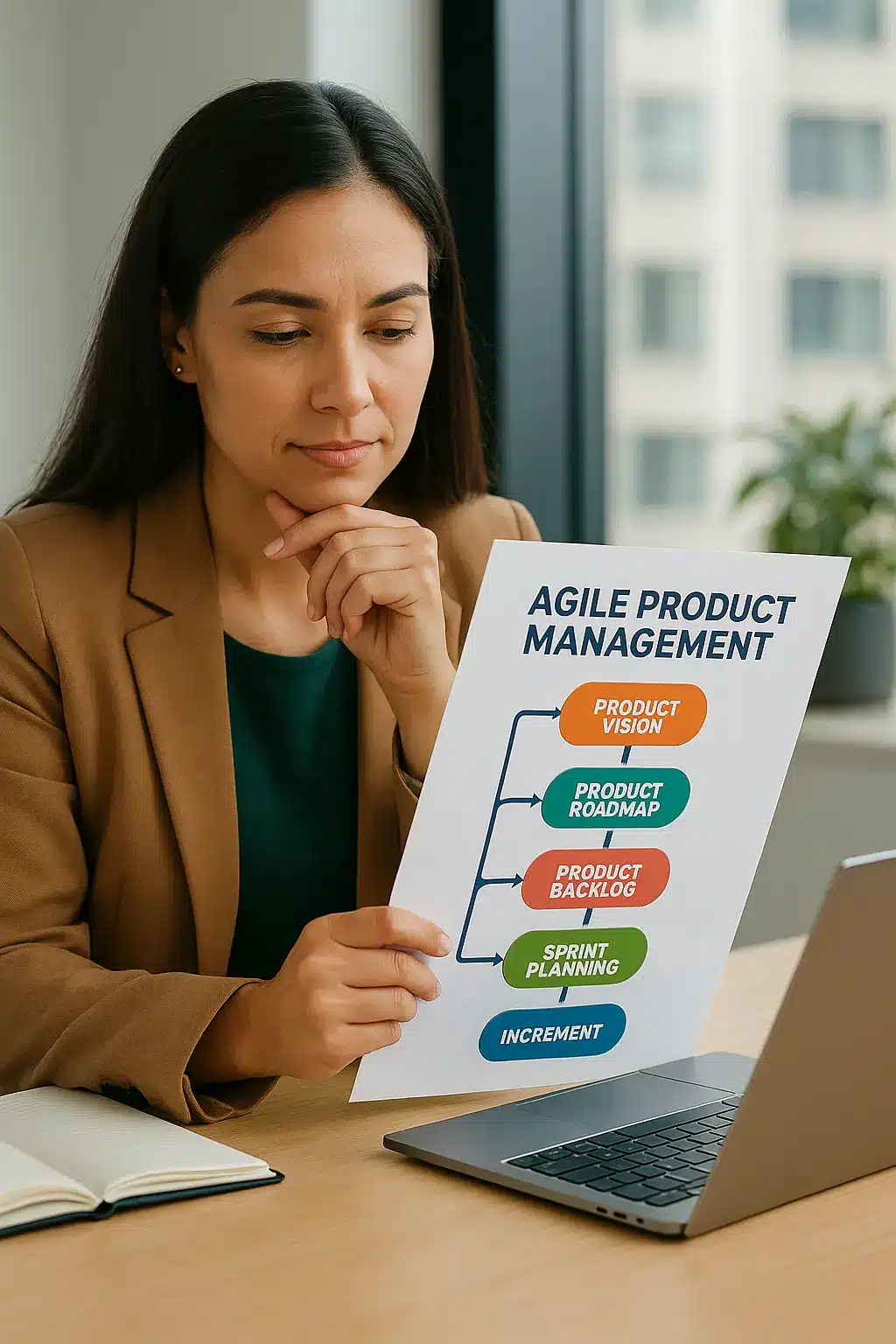 A woman in a brown blazer sits at a desk, thoughtfully looking at a paper labeled "Agile Product Management" with a flowchart, in front of an open laptop and a notebook.