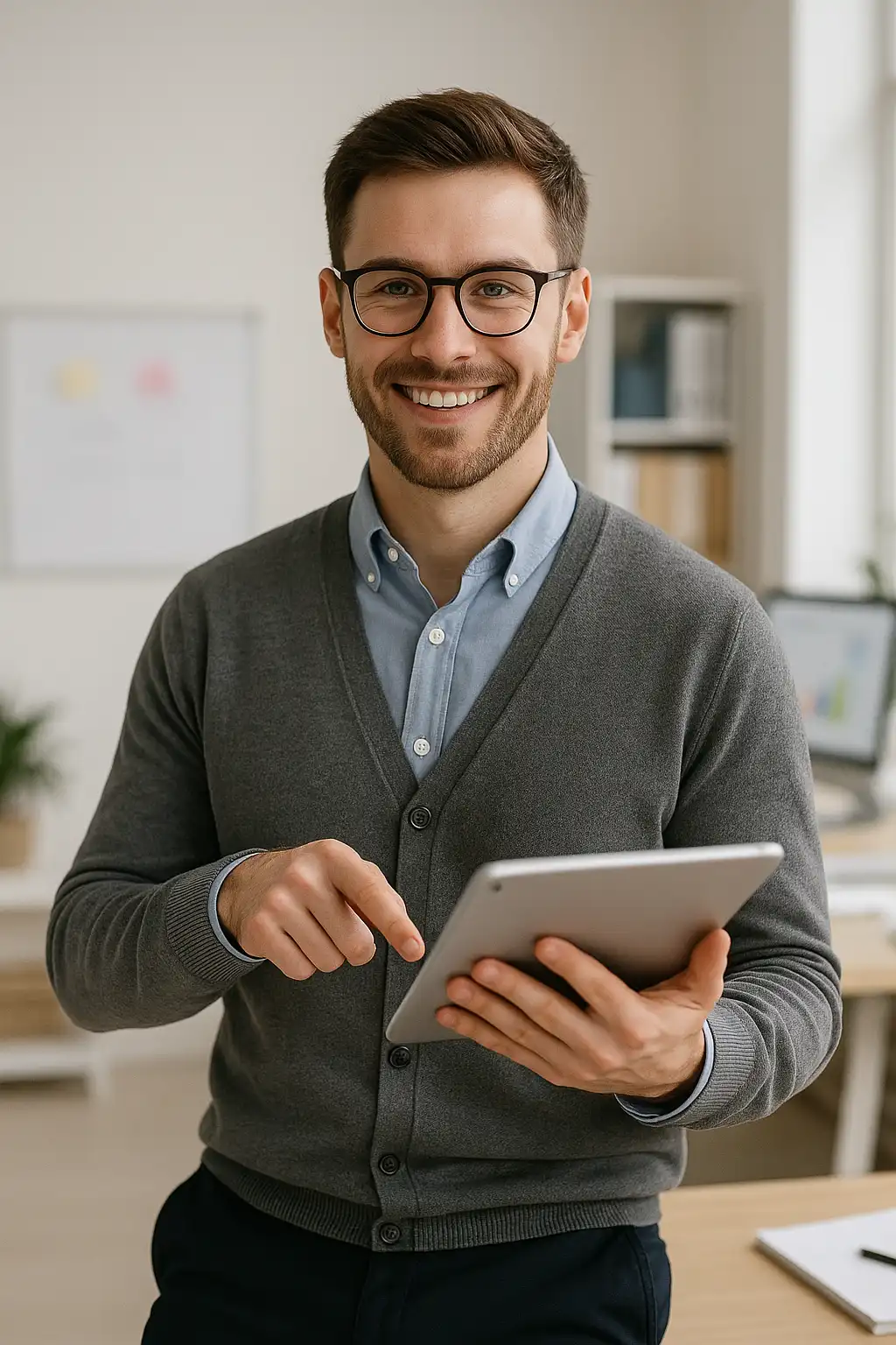A smiling man with glasses and a beard, wearing a gray cardigan and blue shirt, stands indoors holding a tablet and pointing at its screen to showcase a product. An office setting with shelves and a computer is in the background.