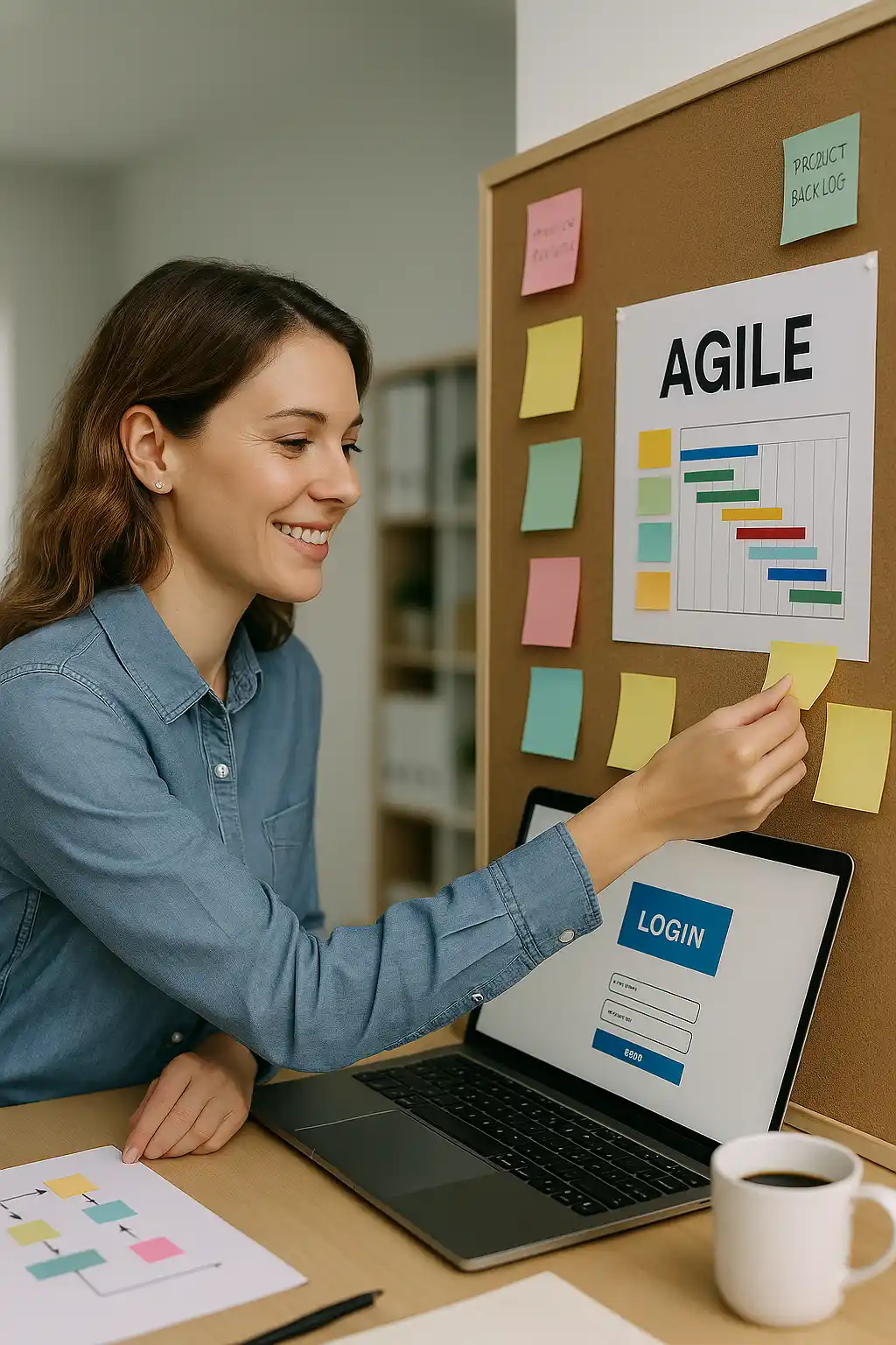 A woman smiles while placing a sticky note on a corkboard with an “AGILE” product chart. A laptop with a login screen and a coffee cup are on the desk in front of her. Colorful sticky notes surround the chart.