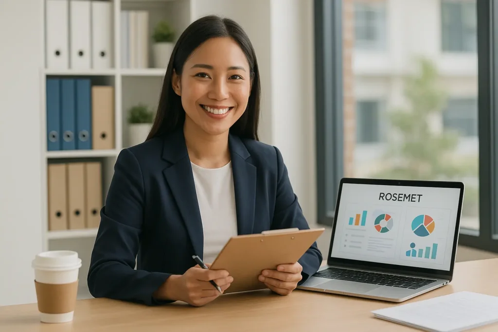 A woman in a blazer smiles at a desk, holding a clipboard. A laptop next to her displays charts and graphs with the heading “ROSEMET Project Management.” A coffee cup and office shelves complete the workspace.